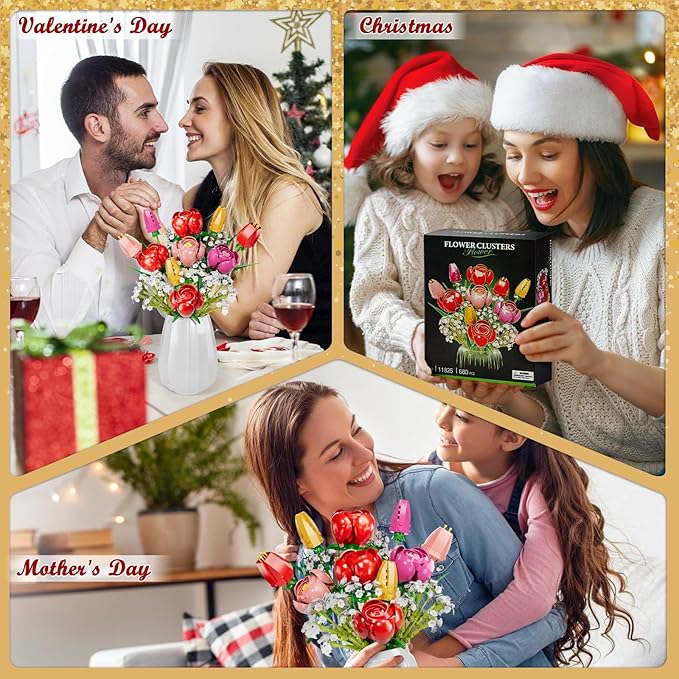 Utbttor Flower Bouquet Building Kit Red Rose &amp Tulips 680 Pcs Building Blocks Set - Valentine's Day Mother's Day Christmas Birthday Gift for Adults Women Her Home Office Decor No Vase