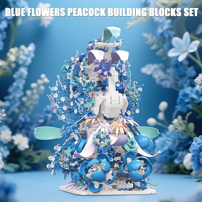 Blue Flowers Peacock Building Set for Adults - Creative Animal Botanicals Peacock Bird Toy Home Office Art Deocr Compatible with Lego for Women Mom (2470 PCS)