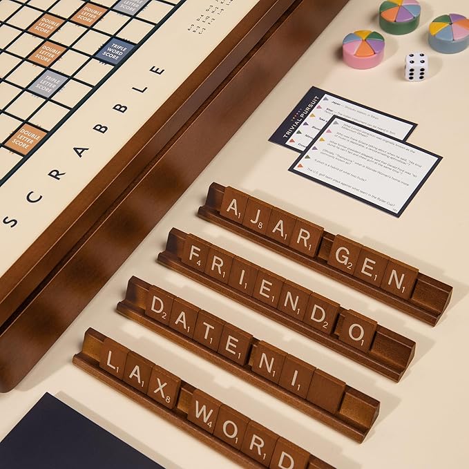 Scrabble Trivial Pursuit and Cribbage 3-in-1 Premium Game Collection by WS Game Company with Rotating Wooden Cabinet Reversible Game Board and Built-in Storage Family Board Games for 2-6 Players