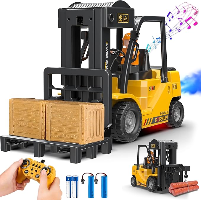 RC Forklift Truck 2 in 1 Transform Lift Fork &amp Hook Kids Forklift Toy 11 Channel Remote Control Forklift for Adults 2 Battery Spray Light RC Construction Vehicles Toy for Kids 6+ Gift
