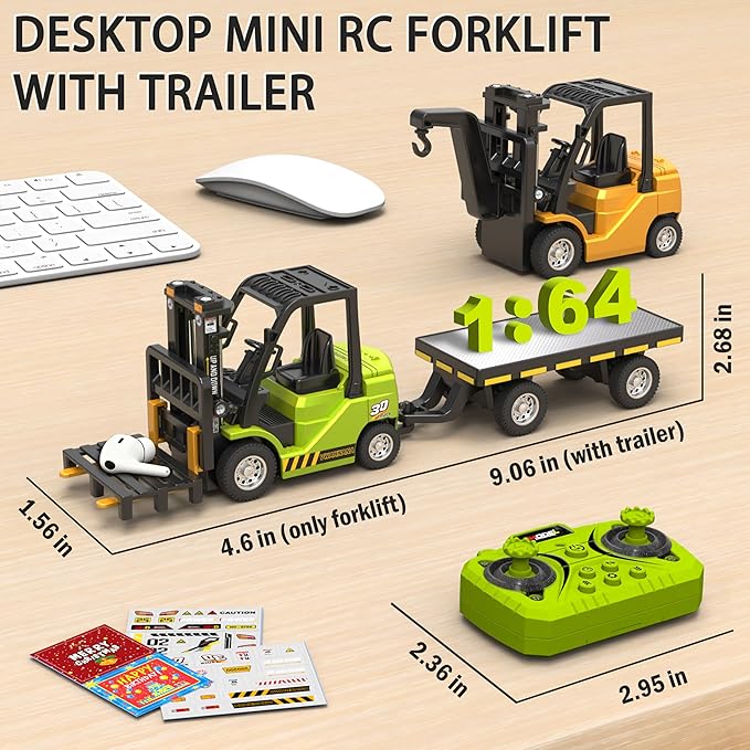 Mini RC Forklift Toy 3 in 1 Remote Control Forklift Trailer 10 Channel Mini Forklift Remote Control with Liftable Fork &amp Hook 1/64 Desktop RC Construction Vehicles for Adults Kids Boy Gift
