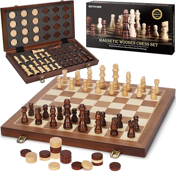 2 in 1 Magnetic Wooden Chess and Checkers Board Game Set 15 Folding Chess Boards with 2 Extra Queens Portable Travel Chess Sets with Pieces Storage Slots Beginner Chess Game Set for Kids Adults