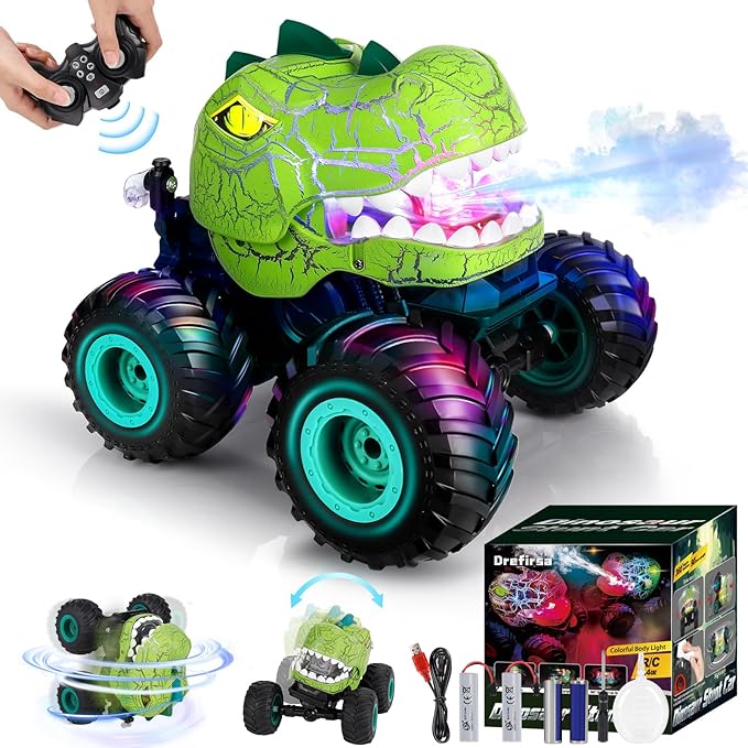 Remote Control Car for Boys Age 4-7 8-12 50min+ Runtime Dinosaur Monster Truck Toy with Spray Light Music Stunts Birthday Gift for Boy 3 4 5 6 7 8 9 10 Year Old