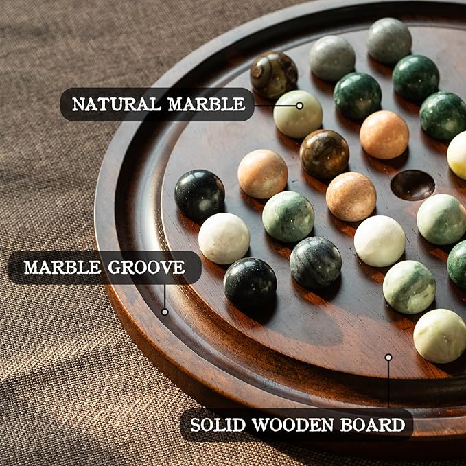 Deluxe Solitaire Game Set: 12.6'' Solid Wooden Board 32 Natural Marble Balls Single-Player Strategy and Smart Games