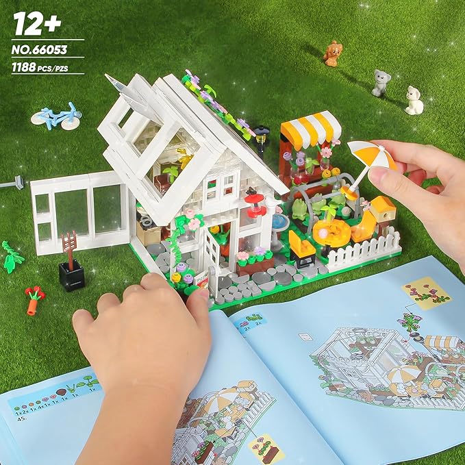 Flower House Building Set Greenhouse Building Block Set with LED Lights DIY Greenhouse KIt-Ideal Gifts for Kids and Adults-Plant and Animal Lovers 1188PCS