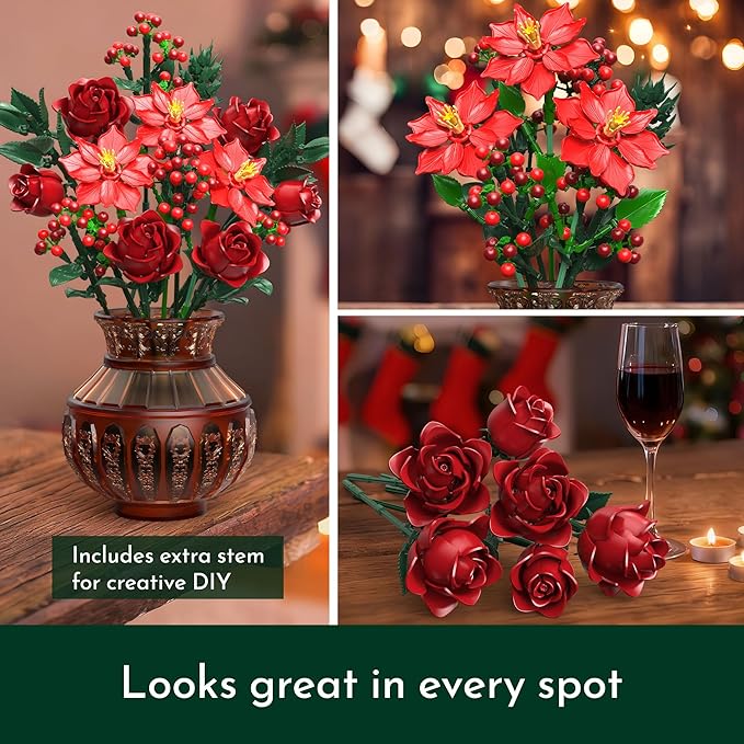 JOJO&ampPeach Flowers Rose Bouquet Building Set for Adults Mom Wife Artificial Poinsettia Botanical Collection for Home Office Display Festive Birthday Gift Toy for Women Girl and Teen 18+ (917PCS