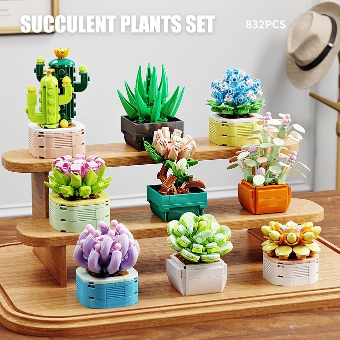 9 in 1 Tiny Flowers Succulents Artificial Plant Set-Creative Botanical Building Block Toy Botanical Collection for Office&ampHome Decor Birthday Gift for Adults and Kids 8-12(832 PCS)