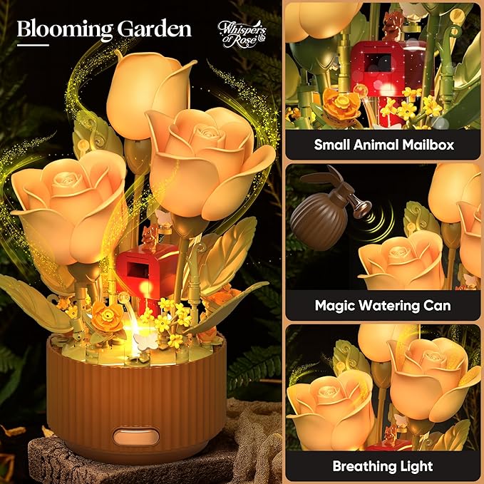Magical Blooming Rose Building Set for Mom - Electric Moving Flower Blocks with Interactive Sound &amp LED Light Best Birthday for Women Grandma Wife