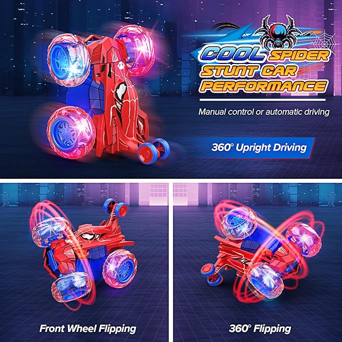 Remote Control Car RC Cars ToysCool Rechargeable Stunt RC Car with 360 Flips 4WD Wheel With Bright lightFun Outdoor Toys Gifts for Kids Birthday or Chritmas 4-6 6-8 8-12 Years Old (Blue-Red)