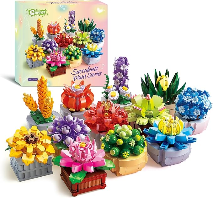 Flowers Succulents Building Sets 12 Tiny Plants Office Home Decor Botanical Collection Building Block Toy Creative Birthday Housewarming Gifts Artificial Plant Kit for Kids Adults Women (1174 PCS)