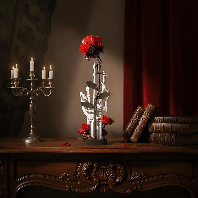 Gothic Skull Hand Red Rose Bouquet Building Set Gothic Horror Decor BotanicalBotanical Collection Kit for Adults and Women Valentine's Day Gift Gothic Romantic Horror Skeleton Home Table Decor