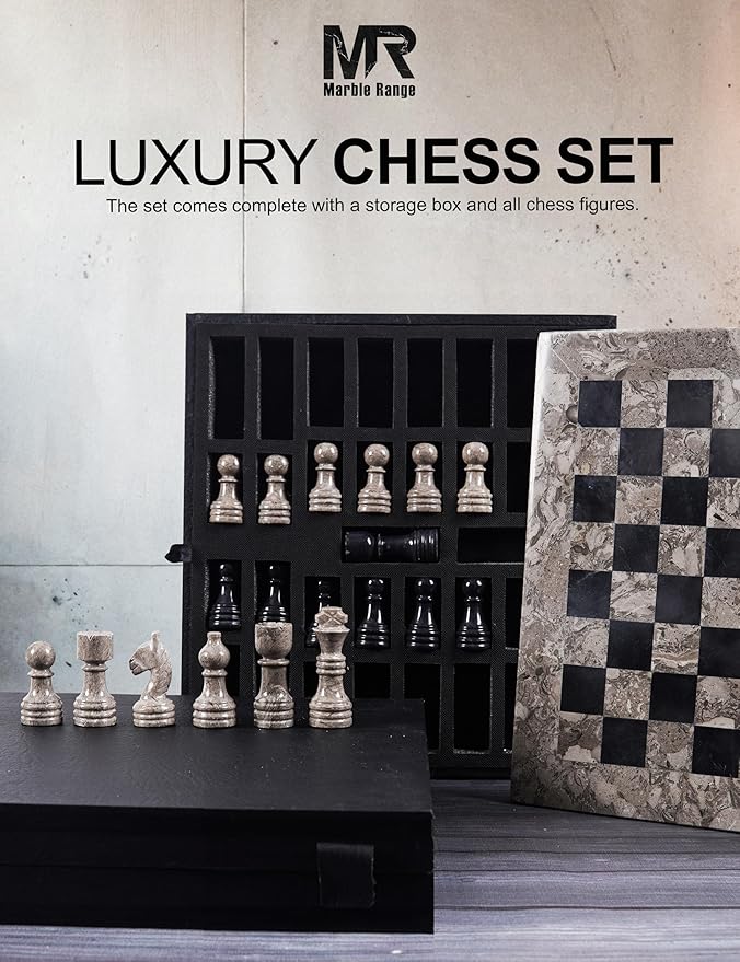 Marble Chess Set for Adults 12 Handmade Oceanic &amp Black Board Game with 32 Chess Pieces 2 Extra Queens &amp Storage Box Luxury Travel Game Elegant for Home Decor