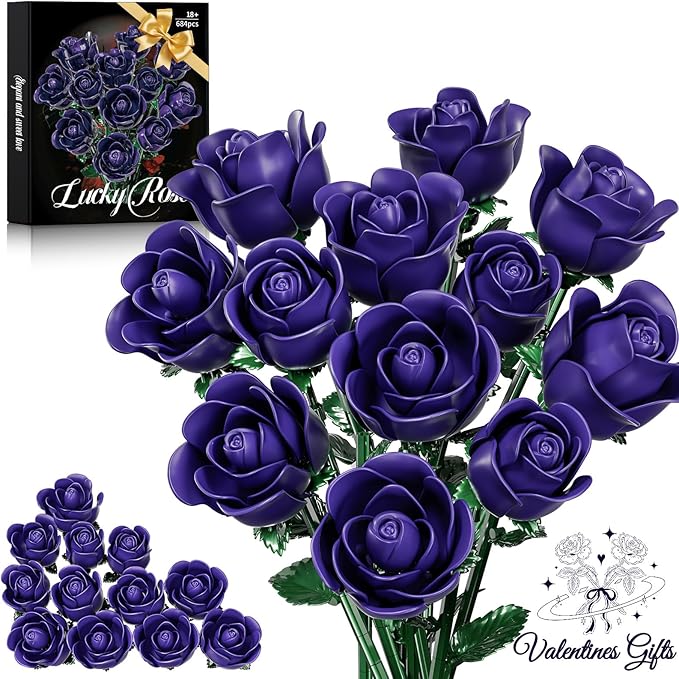 Purple Rose Bouquet Building Set for Girls &amp Boys - 12 Pack Botanical Collection Gift for Easter Basket Artificial Flowers Botanical Collection Centerpiece Retro Decor