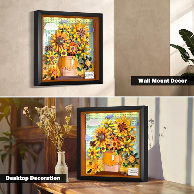 HOGOKIDS Flowers Sunflower Building Set with Lights - 807PCS Painting Frame Artwork Botanical Collection Mini Building Blocks for Home Dcor Wall Art Architecture Set Easter Gift for Adults Teens