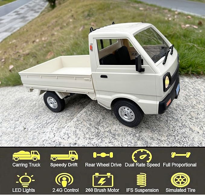 WPL D12 RC Kei Truck 1/10 Scale RC Car Off Road Pickup Remote Control Drift Car RTR 2.4GHz Rear Wheel Drive 260 Motor Proportional Throttle Steering Hobby Toy Vehicle Adult 2 Batteries