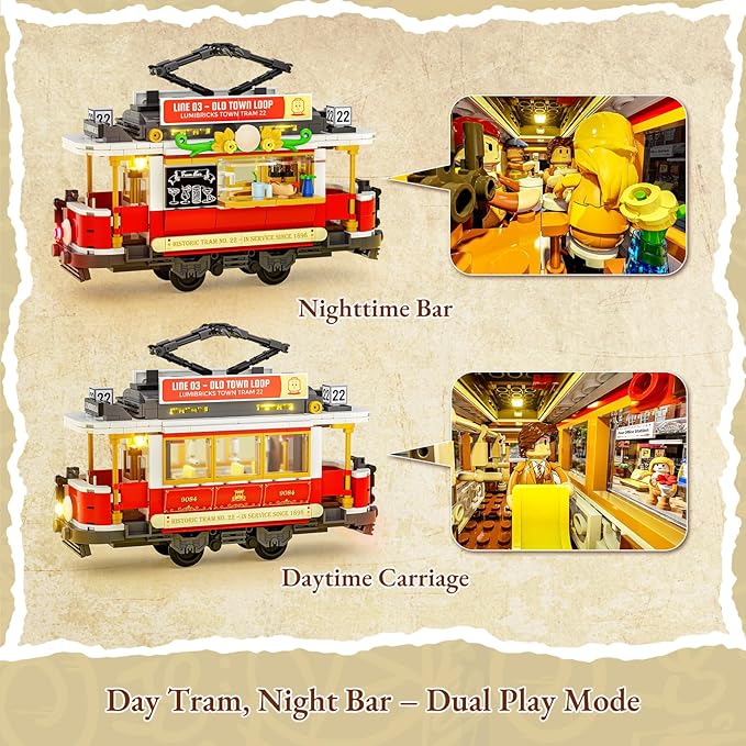 Heritage Tram and Station Lighting Building-Bricks Set - 1274 Pcs City Streetcar Modular Collection Old Town Downtown Display Model for Adults &amp Teens &amp Tram Enthusiasts