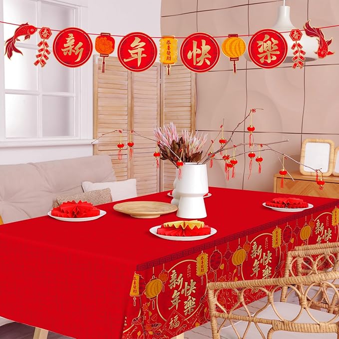 Chinese New Year Party Supplies Kit : Happy New Year Design Decorations Set with Disposable Plates Napkins Cups Tablecloth and Festive Banner - for Lunar New Year Celebrations Serves 25.
