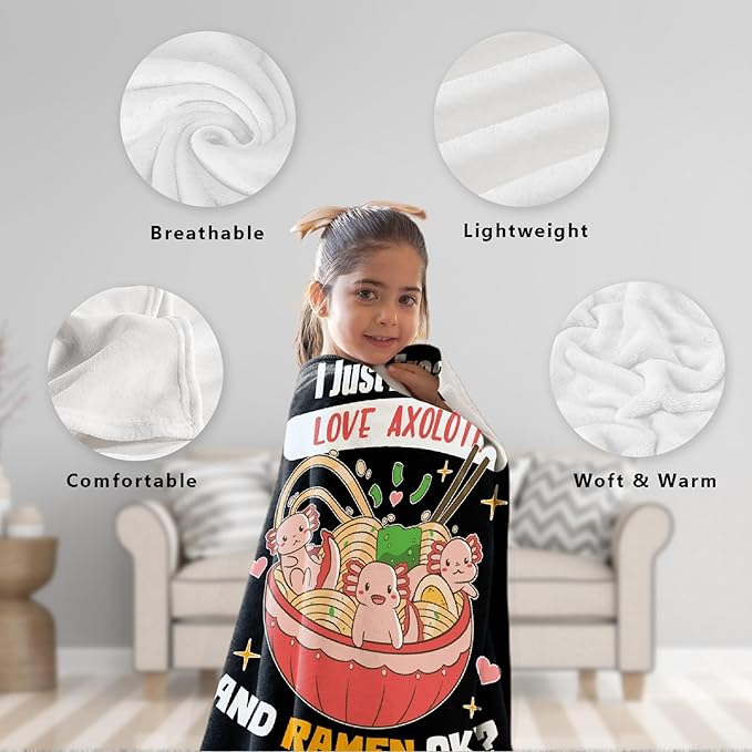 Freaking Love Axolotl and Ramen Blanket Gifts for Girls Boys Women - Super Soft Cozy Warm Throw Sheet for Couch Bed Sofa Office Decor All Season 60x80 for Adult