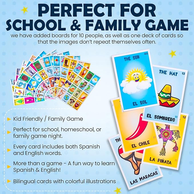 ELIASM Loteria Mexican Bingo Game - Bilingual English Spanish Game for 10 Players for Kids 5+ Adults &amp Seniors Educational Learning Game for Preschool Kindergarden Classroom Family Board Games