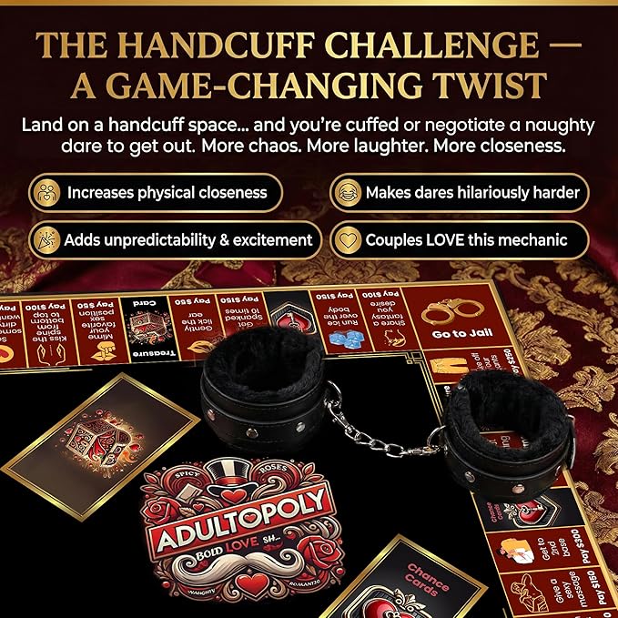 Adultopoly with Handcuffs – a Romantic Spin on The Classic Board-Game. Playful Date Night Games for Couples to Spark Romance Fun and Deeper Connection. The Ultimate Adultopoly Board Game