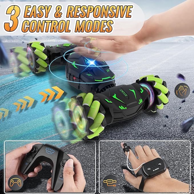 Pristar Gesture RC Toys for Boys 6-12 RC Sensing Stunt Car with Cool Spray Lights Music Double Sided Flip 360 Rotate 4WD Off-Road