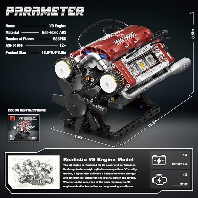 Tuajixz V8 Engine Building Blocks Sets V8 Engine Model Kit That Runs – Motorized with Moving Pistons Crankshaft &amp Rotating Fan Realistic Engine Simulation for Car Enthusiasts 588Pcs