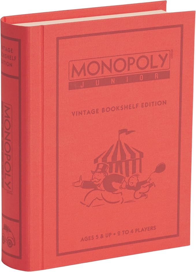 WS Game Company Junior Vintage Bookshelf Edition 3-Pack Board Game Bundle with Monopoly Junior Scrabble for Juniors and Clue Jr. in Premium Linen Fabric-Wrapped Storage Book Cases for Kids Ages 5+