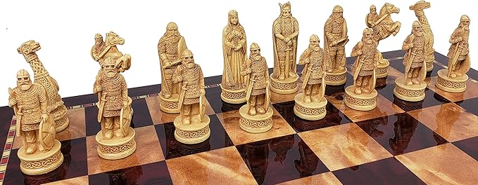 Antique Ivory &amp Brown Norse Viking Chess Set with 18 inch Cherry Color Board