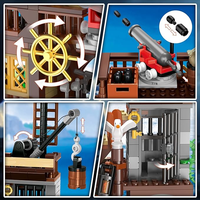 HOGOKIDS Pirate Ship House Building Set with LED Light - 3 Style Modes Pirate Wharf Supply Center Building Block Set 781PCS STEM Bricks Kit for Kids Girls Boys Ages 6-12+ Valentines Gifts