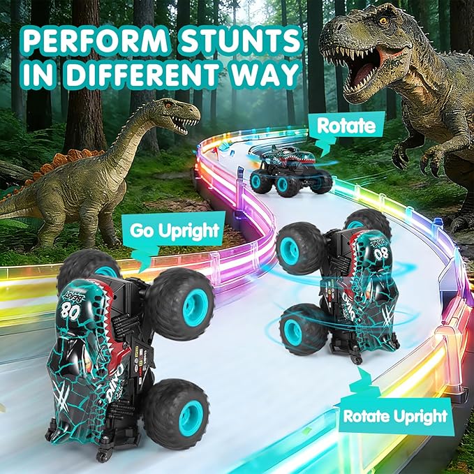 DYODYORC Remote Control Car 2.4Ghz All Terrain Dinosaur Monster Truck Toys RC Truck with Music 3 Lighting Effects 360 Stunt Capable 2 Batteries Ready to Run Toy Gifts for Boys and Girls (Cyan)