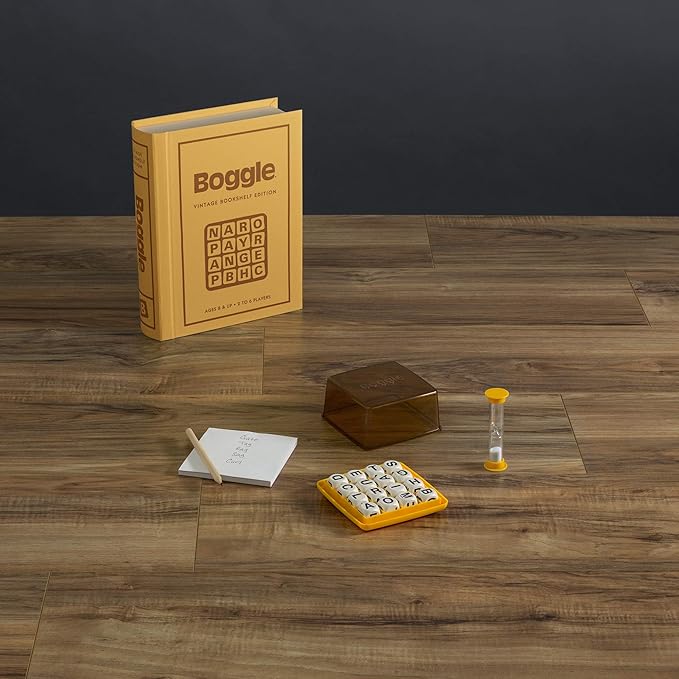 WS Game Company Boggle Vintage Bookshelf Edition Classic Word Games Linen-Wrapped Book Box with Retro 1976 Design Ages 8+