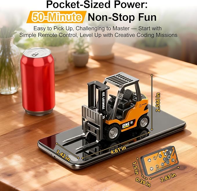 mini RC Forklift Toy - 1:64 Alloy Remote Control Crane with Liftable ForksSTEM Educational Construction Vehicle for Kids Age 6-12Christmas Birthday Gift(mini Forklift)