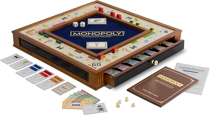 Monopoly Trophy Edition by WS Game Company — Premium 2-Tone Wooden Cabinet with 2 Storage Drawers | Gold-Tone Die-Cast Tokens | Wooden Houses and Hotels | Luxury Board Game for 2–6 Players