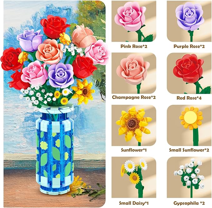 Roses Flowers Building Set with Vase &amp LED Light Easter/Birthday Day Gift for Her/Him 16 Mini Flowers Bouquet Building Blocks Toy Artificial Flowers for Home Office Decor &amp Display