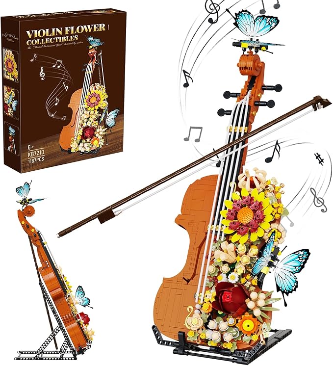 Flower Violin Building Blocks Set 1167PCS Music Instrument Toy with Stand Butterfly &amp Floral Details Creative Botanical Model for Adults Girls Home Office Decor Compatible with Lego Sets City Frie