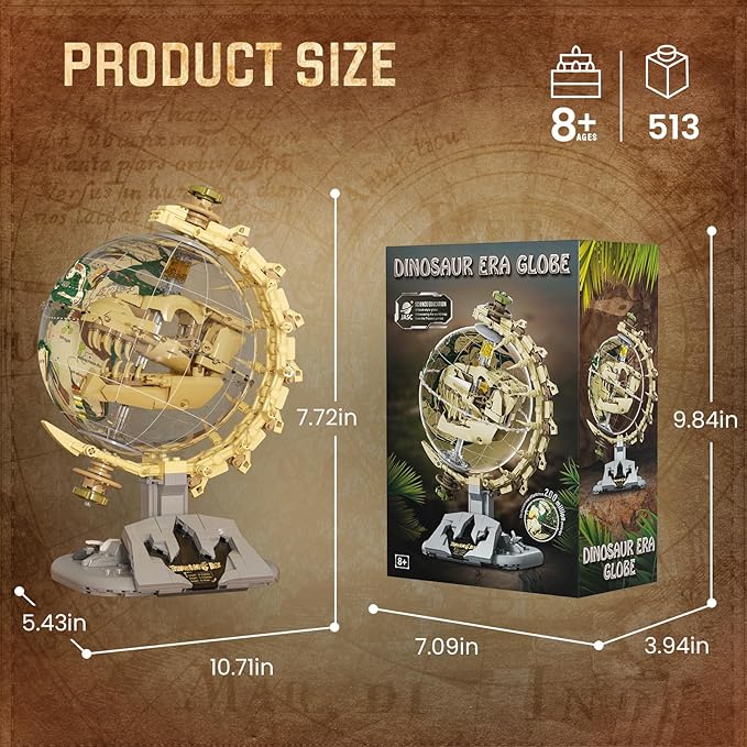 Dinosaur Skull Fossils Globe Building Set360° Rotatable Globe Display Model with LED LightSTEM Skeleton Model Educational Toy Gifts for Boys and Girls Ages 14+