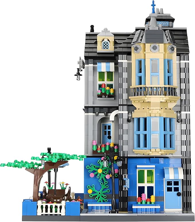 General Jim's 3-Story Victorian Townhouse &amp Garden Coffee Shop 2313-Piece Blue &amp Yellow Modular Building Blocks Set - MOC City Buildings - Great Gift for Brick Building Enthusiasts