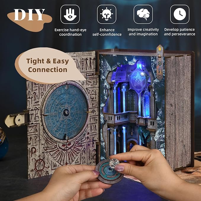 Book Nook Kit DIY Miniature Dollhouse Magic Booknook Kit 3D Wooden Puzzle Bookend Bookshelf with LED Light for Adults Teens (Circle of Magic)