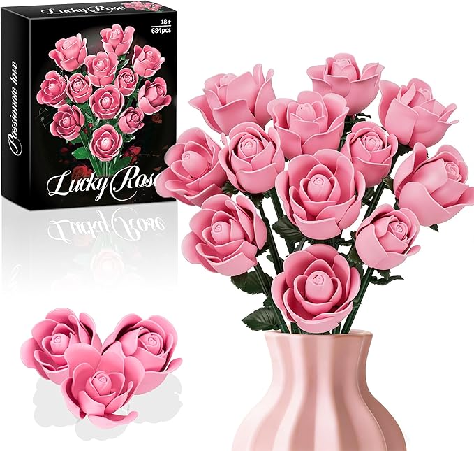 Pink Rose Building Flower Bouquet Set for Adults Compatible with Lego Flowers Artificial Plant Home Decor Creative DIY Building Toys Romantic Gifts for Her Birthday Valentine's Day Mother's Day