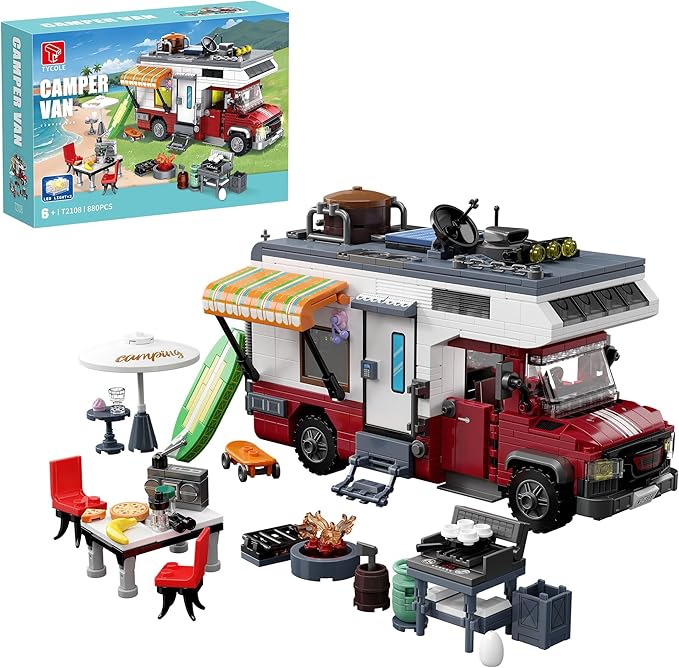 City Camper Van Building Set-Beach Camping Themed Construction Toy Kit with Mini Accessories&ampLights RV Car Model Compatible with LegosBirthday Gift for Adults and Kids 6+(880 pcs)