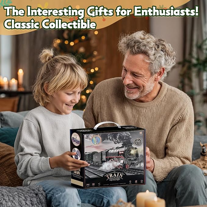 Christmas Electric Remote Control Train Set with Smoke Lights Sound Locomotive Cars and Remote Carriage 3 Smoke Outlets USB Rechargeable with Track Under Christmas Tree Gifts for Kids 3+