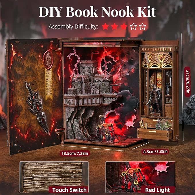 Magic Book Nook Building Set with Lights DIY Booknook Building Model Kit for Home Bookshelf Decor Miniature House Building for Adults Teens (The Sword of Fire)