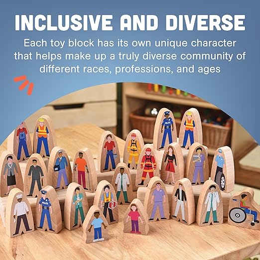 Constructive Playthings Wooden Community Helpers 25-Piece Wood Block Play Figurine Set Freestanding Inclusive and Diverse Wood Toy Figures for Kids Ages 3+