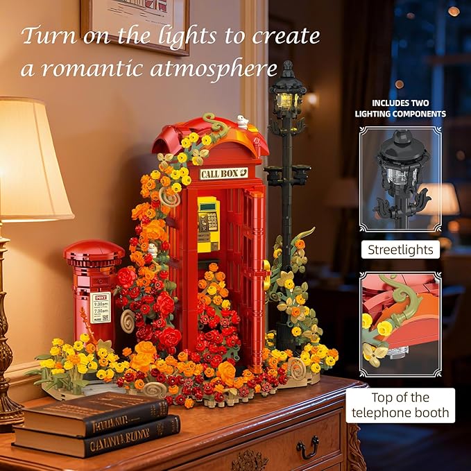 Red London Telephone Box Building Blocks Set for AdultsIdeas Flowers Phone Booth Mailbox and streetlightsCreative Gift Home Office Retro Decor