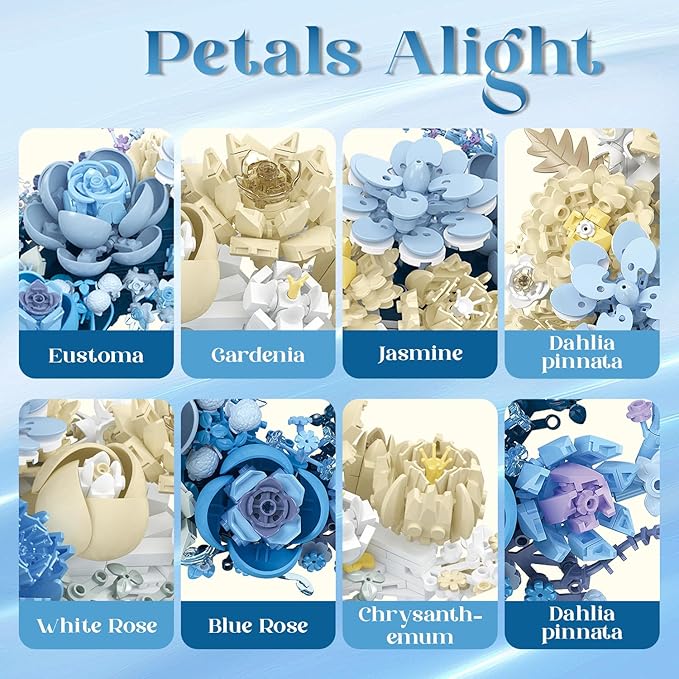 Moon Flower Building Set for Adults - 934 Pcs Light Up Botanical Kit with Lisianthus &amp Roses Artificial Flower Decoration for Home Bedroom Office Shelf Unique Gifts for Flower Lover