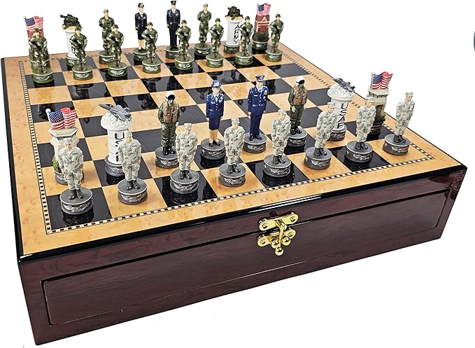 US Military Army vs Air Force Chess Men Set with 17 inch Walnut Color Storage Board