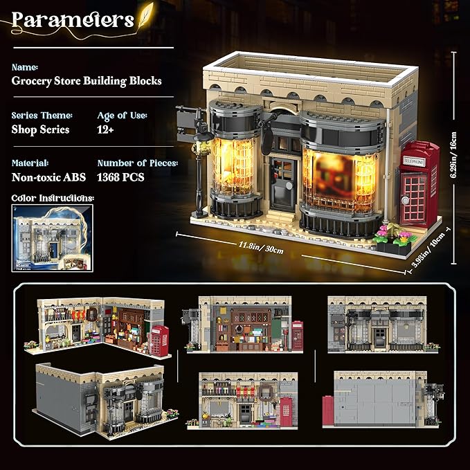 Grocery Store Building Blocks for Adults for BookNook Building Set with LED Light Shop Window and Telephone Booth House Toy for Home Decor Bookshelf 1368Pcs