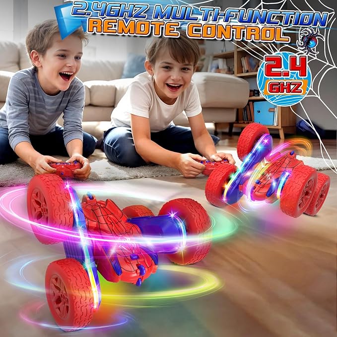 Spider RC Cars Toys for Boys 4-6 2.4GHz Remote Control Car with 26 LED Light System 360° Flips Changeable Wheels Rechargeable All-Terrain Truck Gift for Kids Ages 4-8