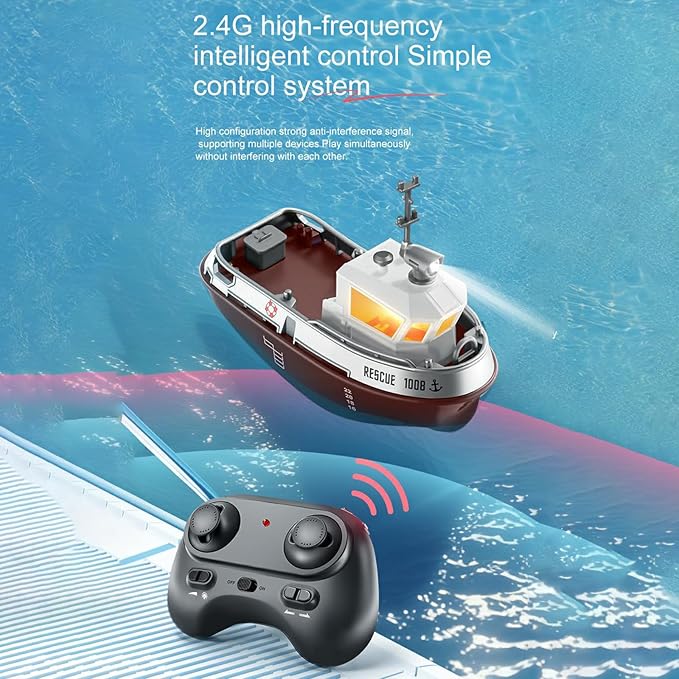 GoolRC RC Boat RC Tugboat Remote Control Boat for Pools and Lakes 2.4GHz Electric Tugboat Model with Lights Rechargeable Battery for Adults