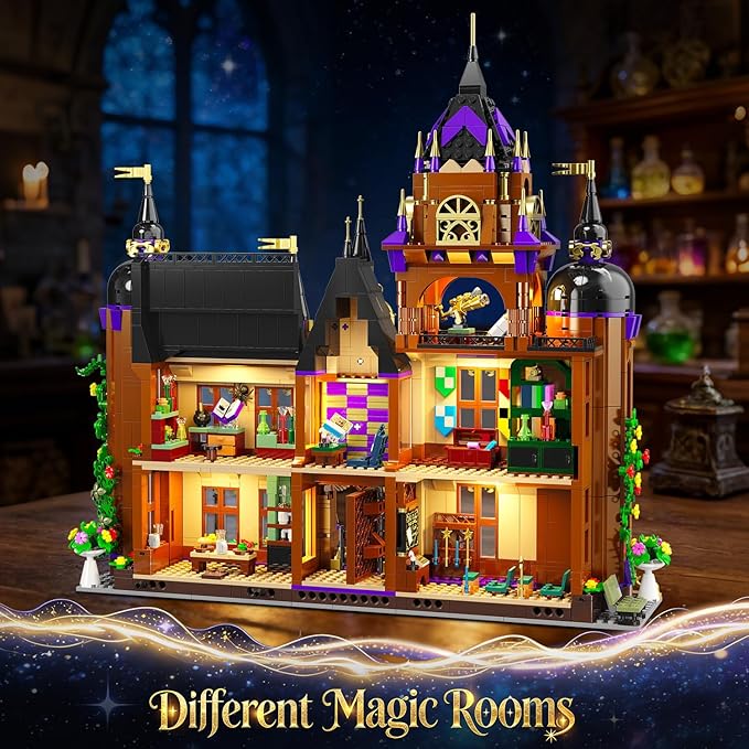 Magic School Building Set with Light Easter 3 Style Modes Big Castle House Construction Model with Potion Shop 1960 PCS Clock Tower Home Decor Building Blocks Gift for Adults Boys Girls 12+